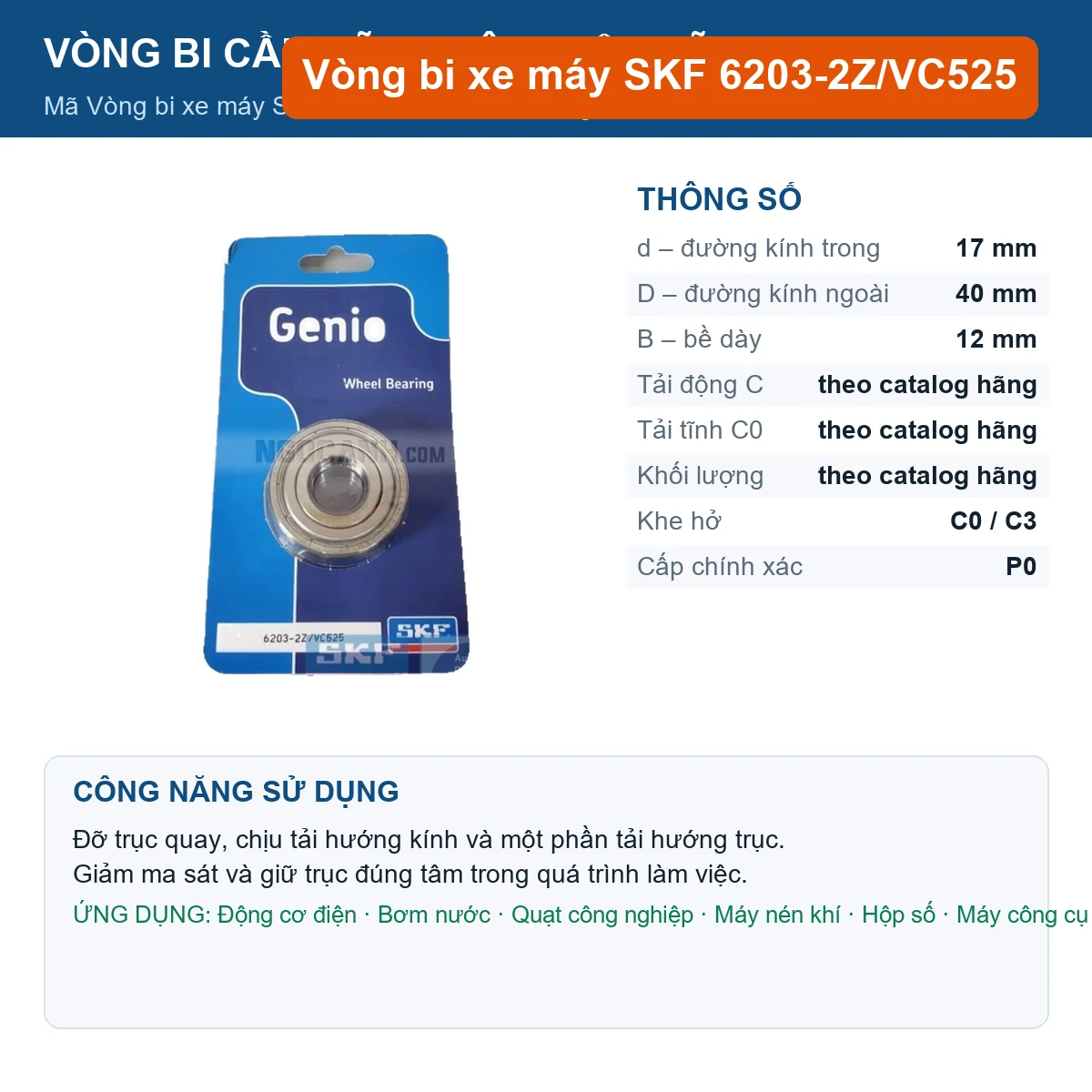 Vòng bi SKF 6203-2Z/VC525 17x40x12mm — Ảnh đăng sản phẩm (web)