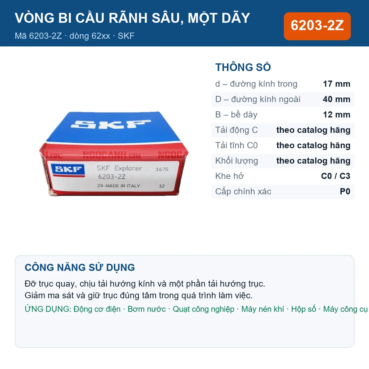Vòng bi SKF 6203-2Z — kích thước 17x40x12mm