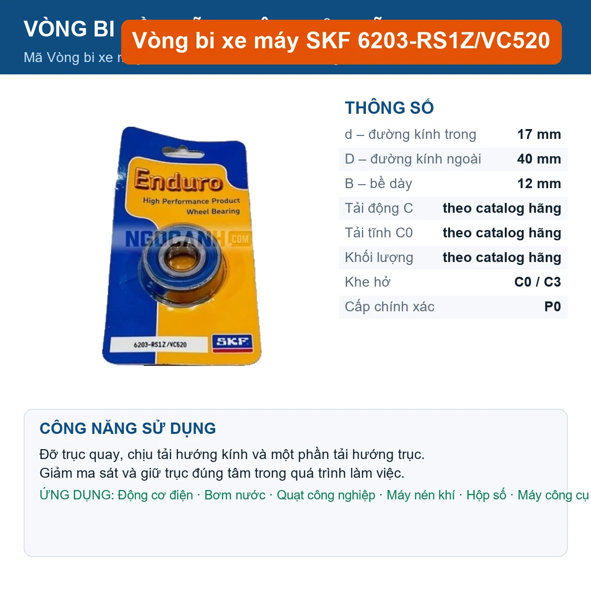 Vòng bi SKF 6203-RS1Z/VC520 17x40x12mm — Ảnh đăng sản phẩm (web)