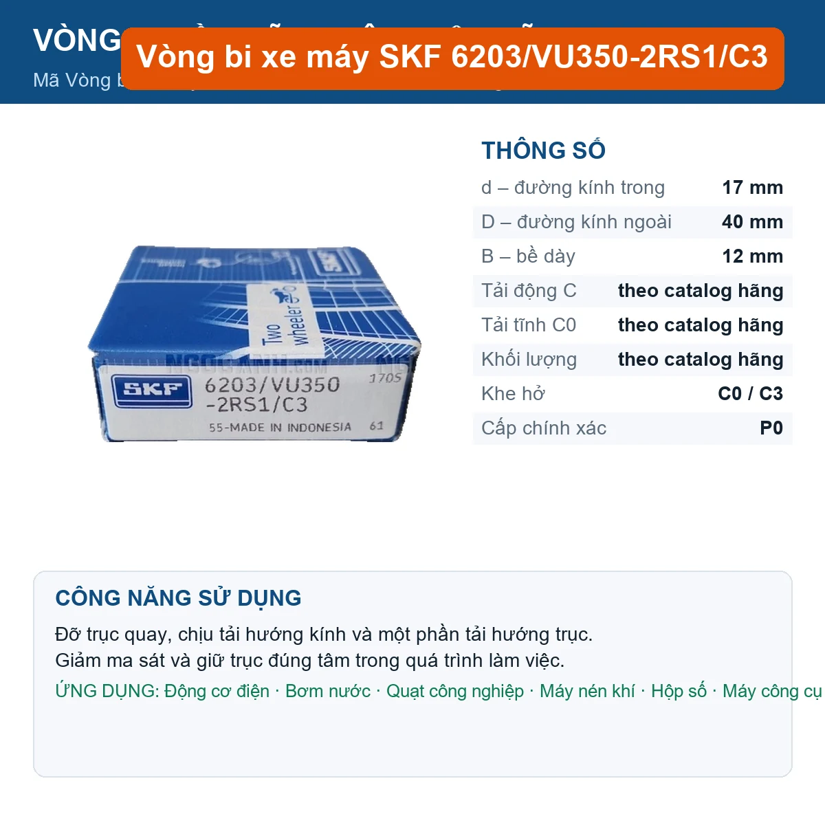 Vòng bi SKF 6203/VU350-2RS1/C3 17x40x12mm — Ảnh đăng sản phẩm (web)