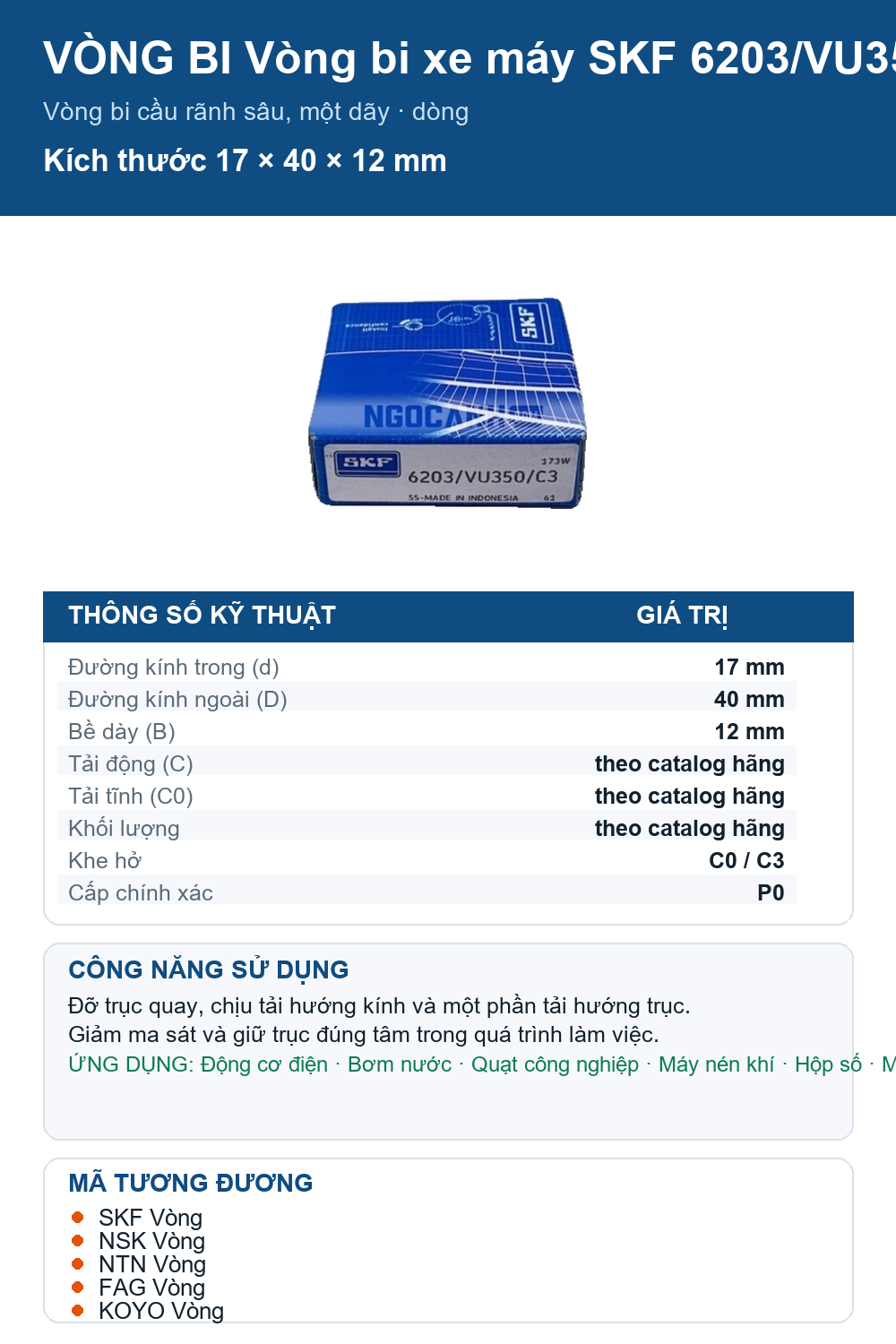 Vòng bi SKF 6203/VU350/C3 17x40x12mm — Ảnh thông số (Pinterest)