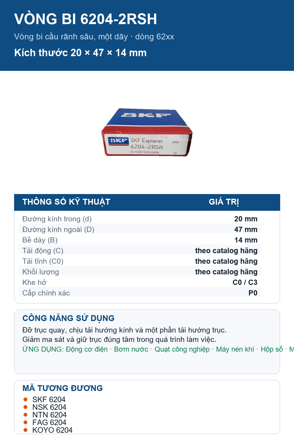 Vòng bi SKF 6204-2RSH 20x47x14mm — Ảnh thông số (Pinterest)