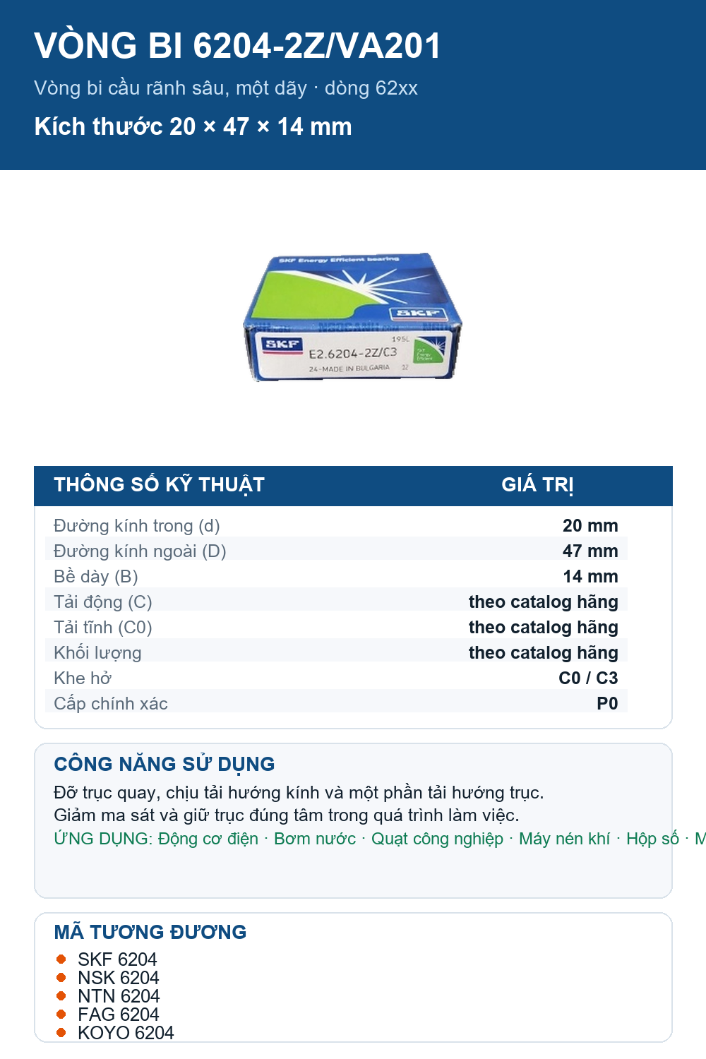 Vòng bi SKF 6204-2Z/VA201 20x47x14mm — Ảnh thông số (Pinterest)