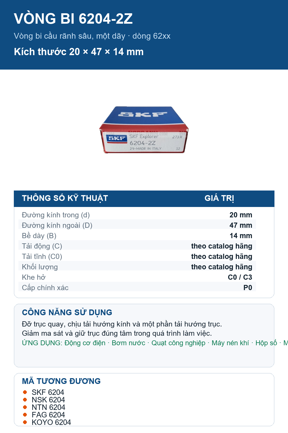 Vòng bi SKF 6204-2Z 20x47x14mm — Ảnh thông số (Pinterest)