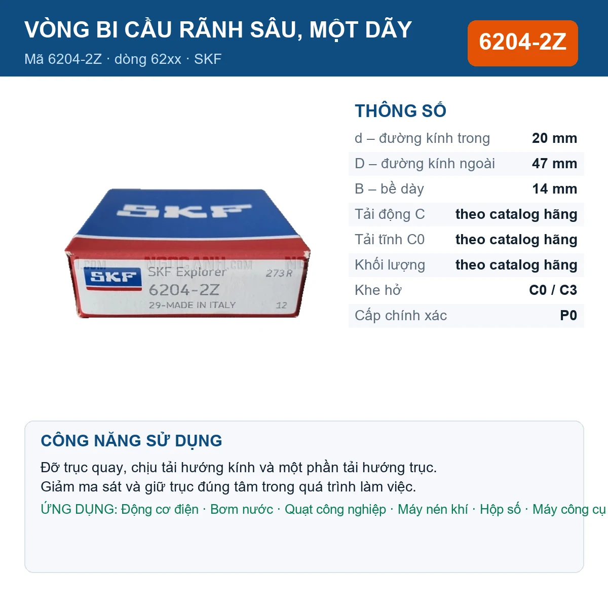 Vòng bi SKF 6204-2Z — kích thước 20x47x14mm
