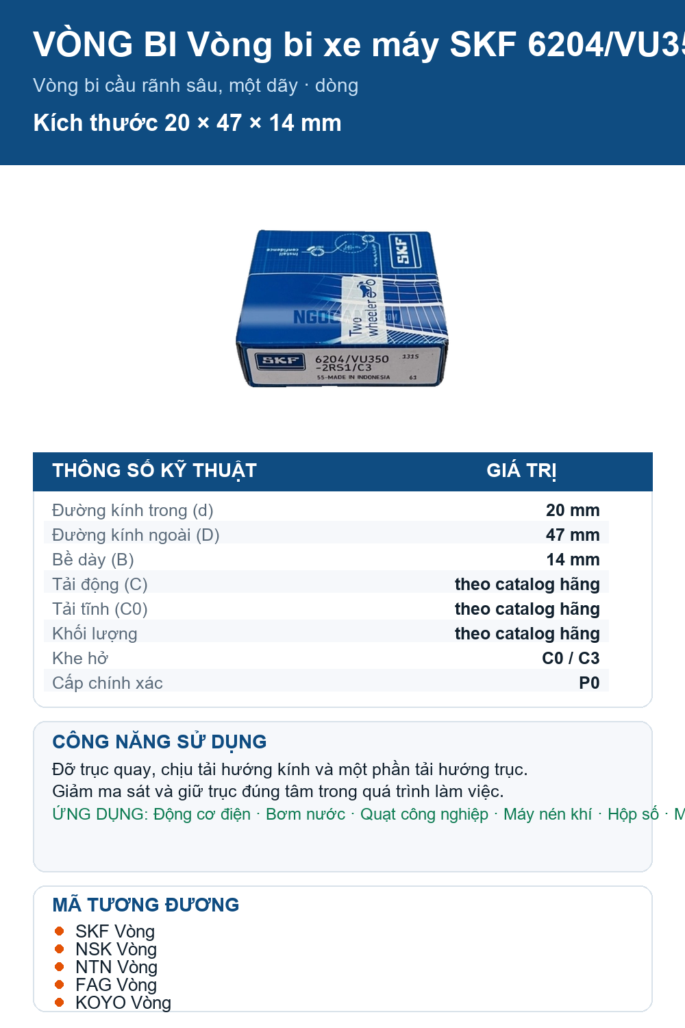 Vòng bi SKF 6204/VU350-2RS1/C3 20x47x14mm — Ảnh thông số (Pinterest)