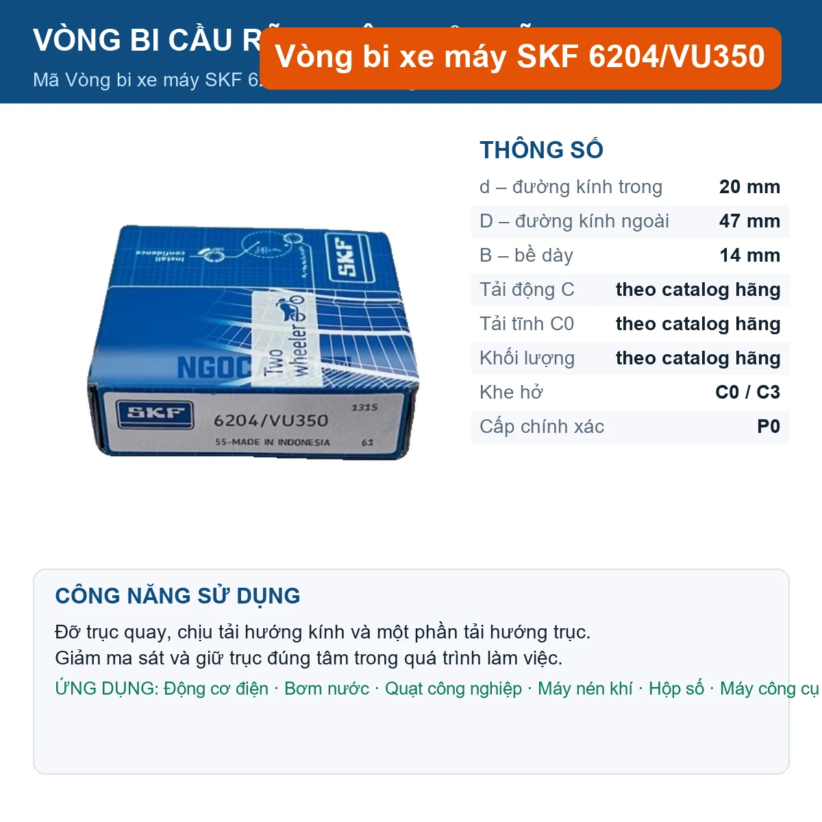 Vòng bi SKF 6204/VU350 20x47x14mm — Ảnh đăng sản phẩm (web)