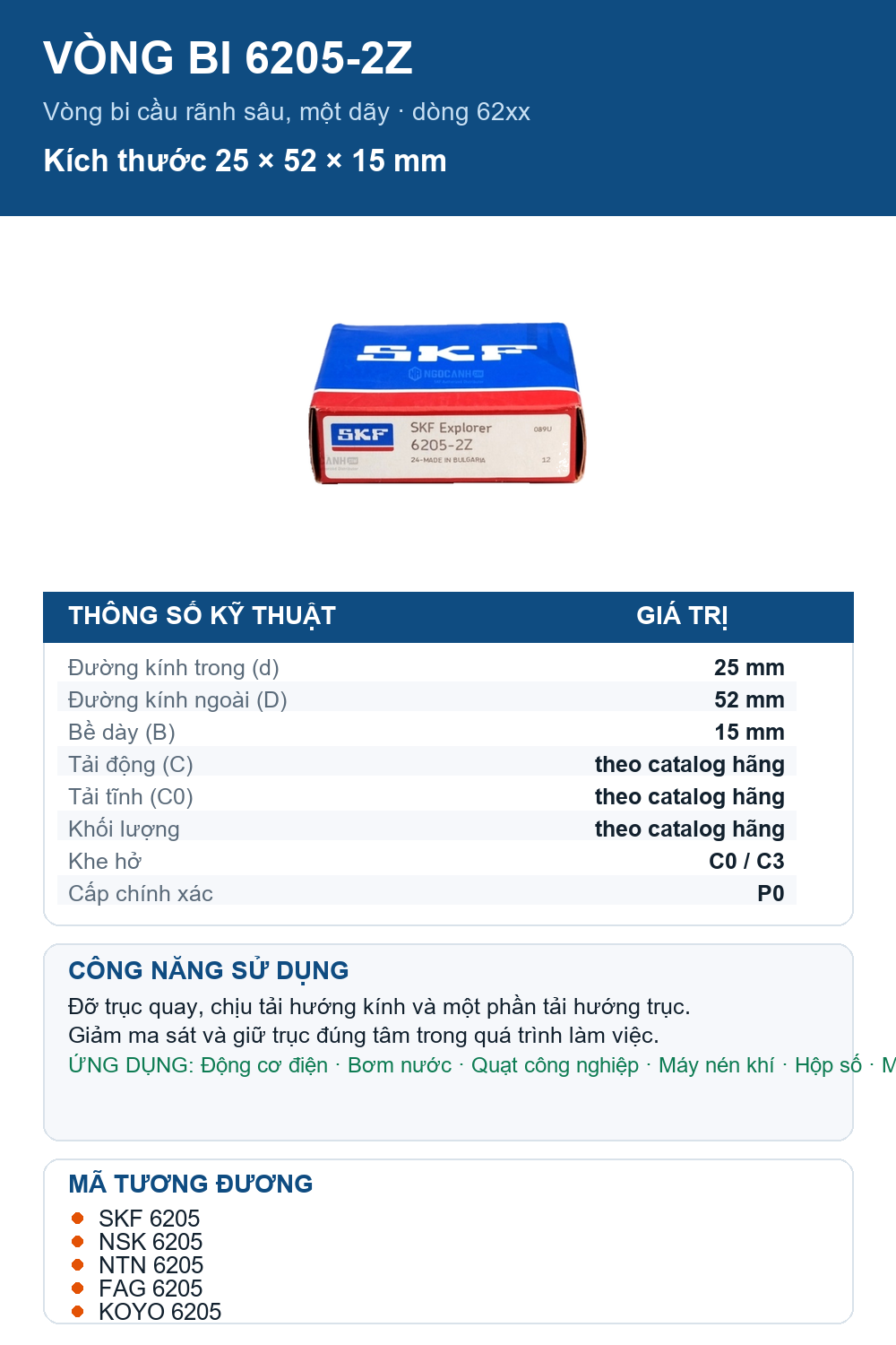Vòng bi SKF 6205-2Z 25x52x15mm — Ảnh thông số (Pinterest)