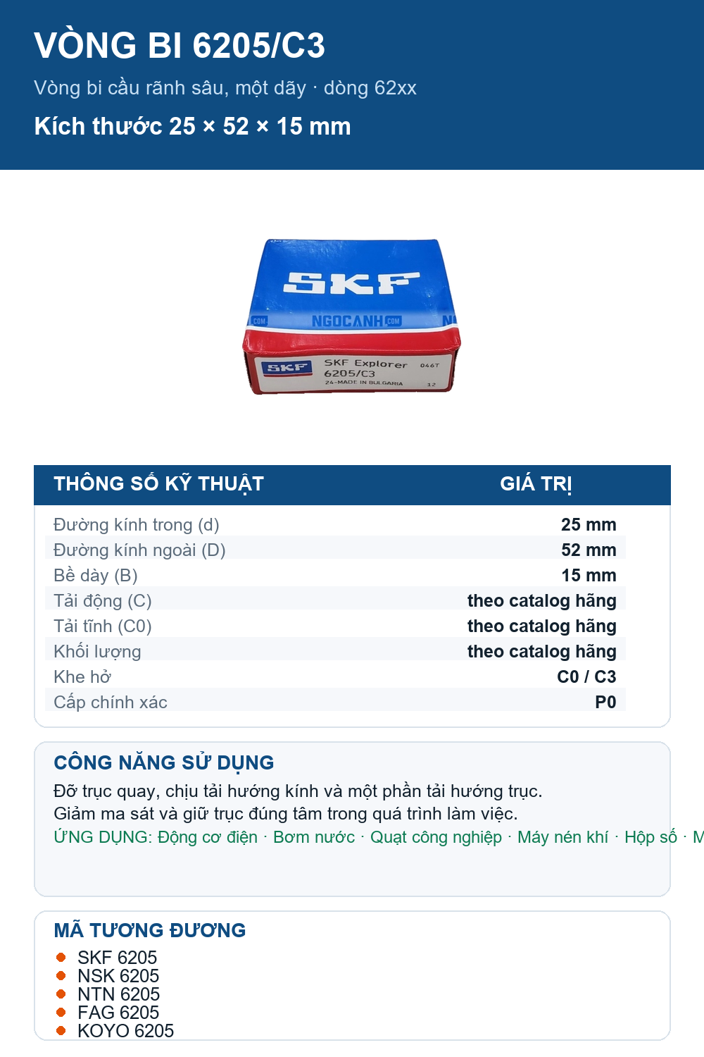 Vòng bi SKF 6205/C3 25x52x15mm — Ảnh thông số (Pinterest)