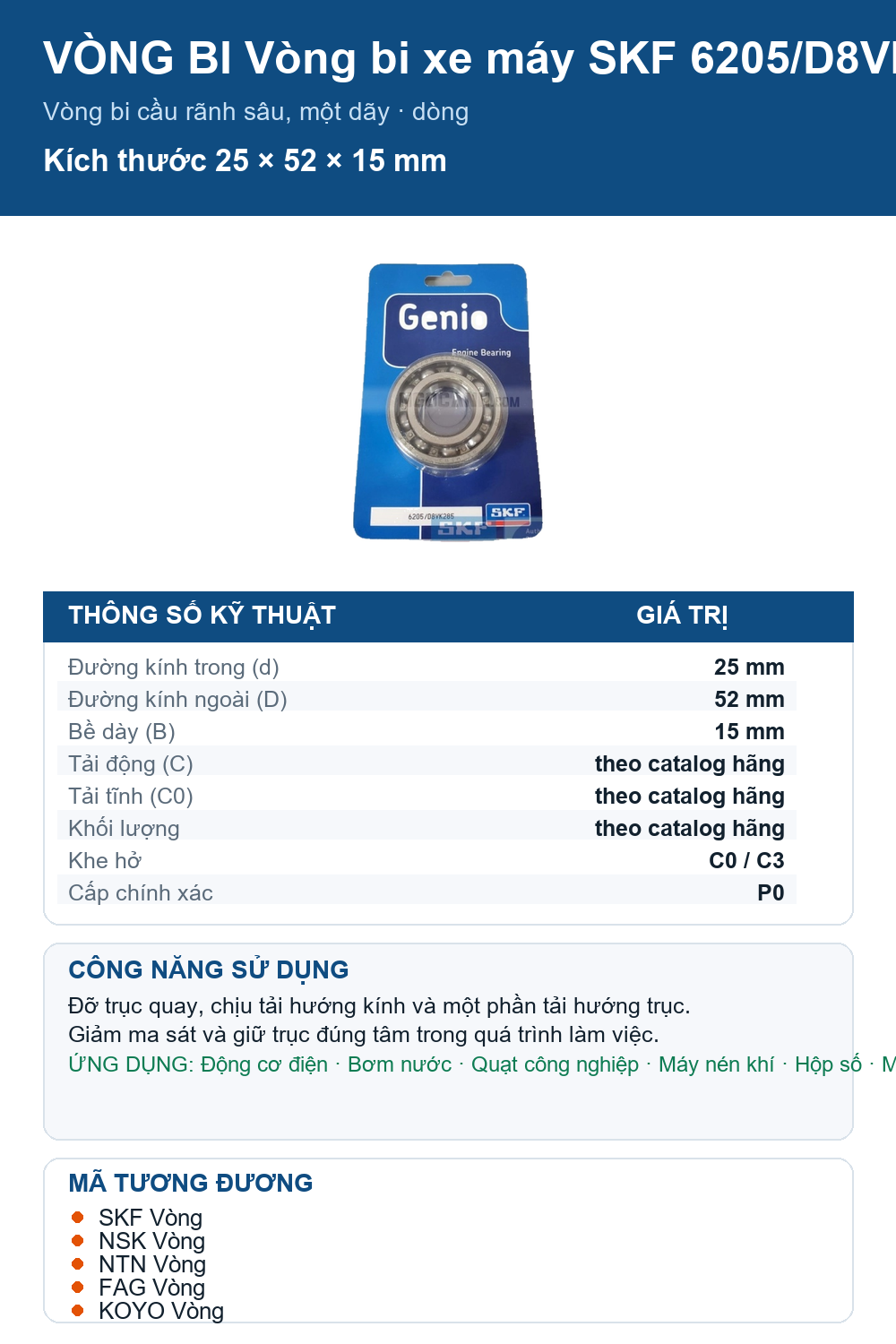 Vòng bi SKF 6205/D8VK285 25x52x15mm — Ảnh thông số (Pinterest)