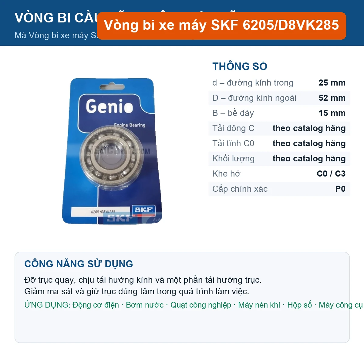 Vòng bi SKF 6205/D8VK285 25x52x15mm — Ảnh đăng sản phẩm (web)