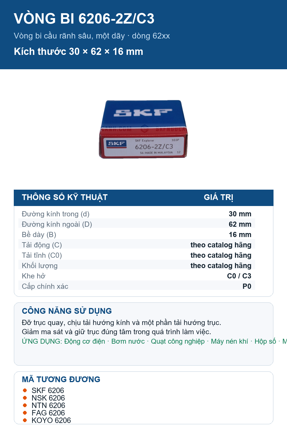 Vòng bi SKF 6206-2Z/C3 30x62x16mm — Ảnh thông số (Pinterest)