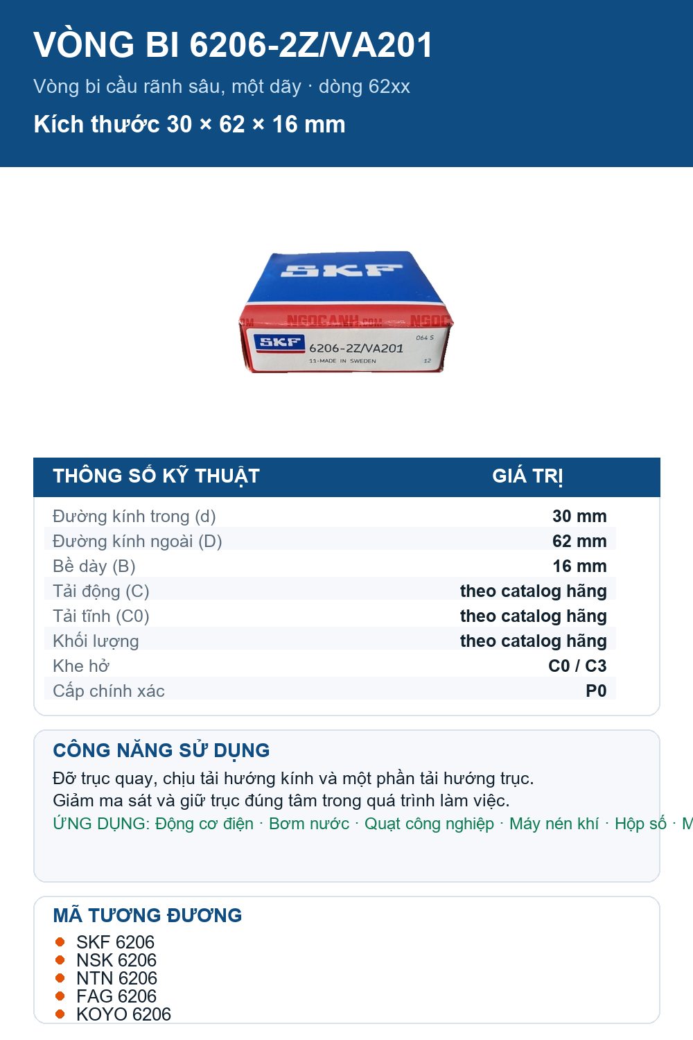 Vòng bi SKF 6206-2Z/VA201 30x62x16mm — Ảnh thông số (Pinterest)