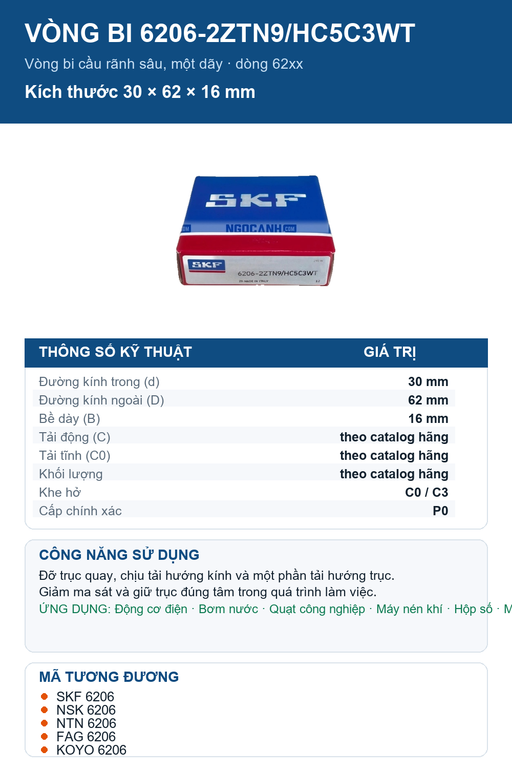 Vòng bi SKF 6206-2ZTN9/HC5C3WT 30x62x16mm — Ảnh thông số (Pinterest)