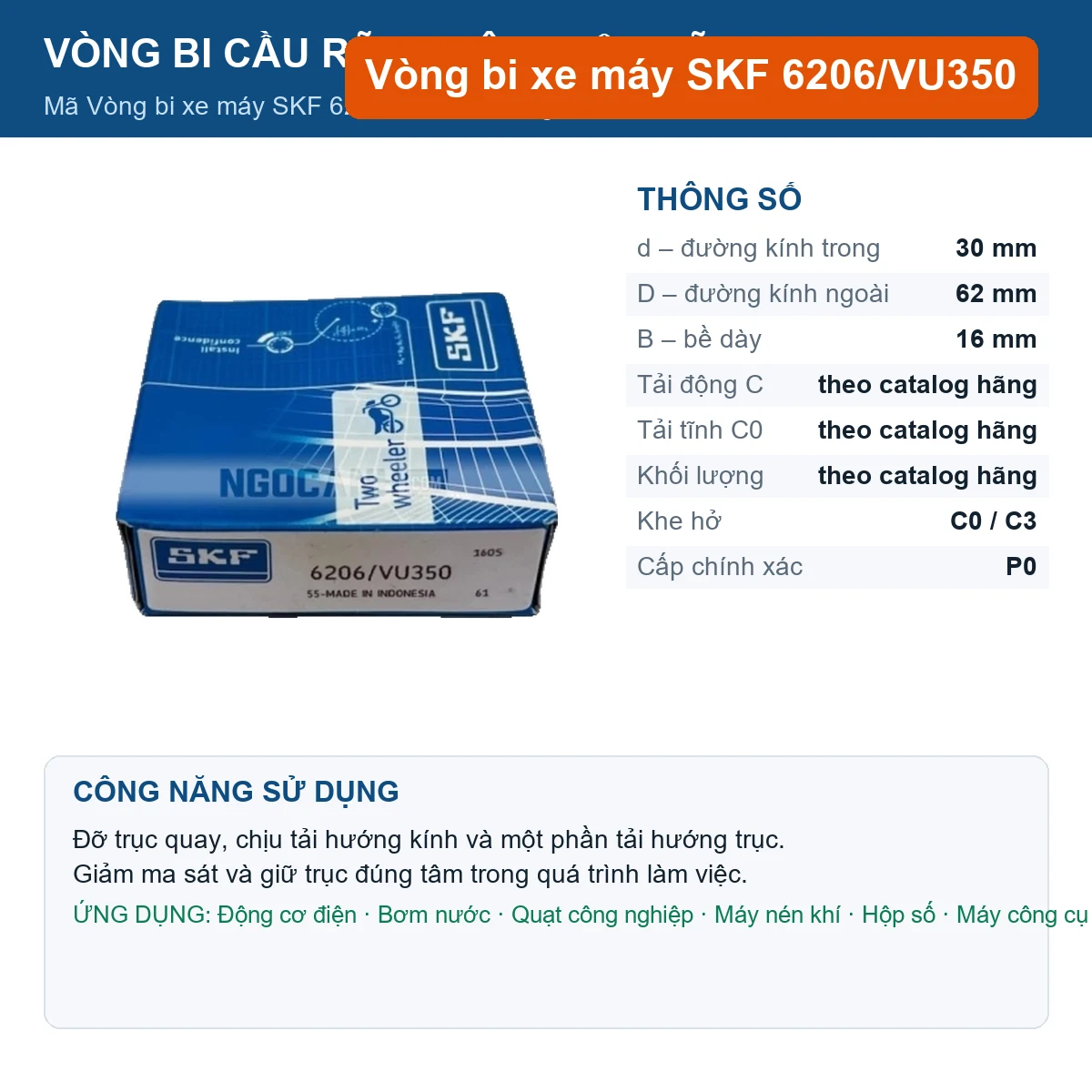 Vòng bi SKF 6206/VU350 30x62x16mm — Ảnh đăng sản phẩm (web)