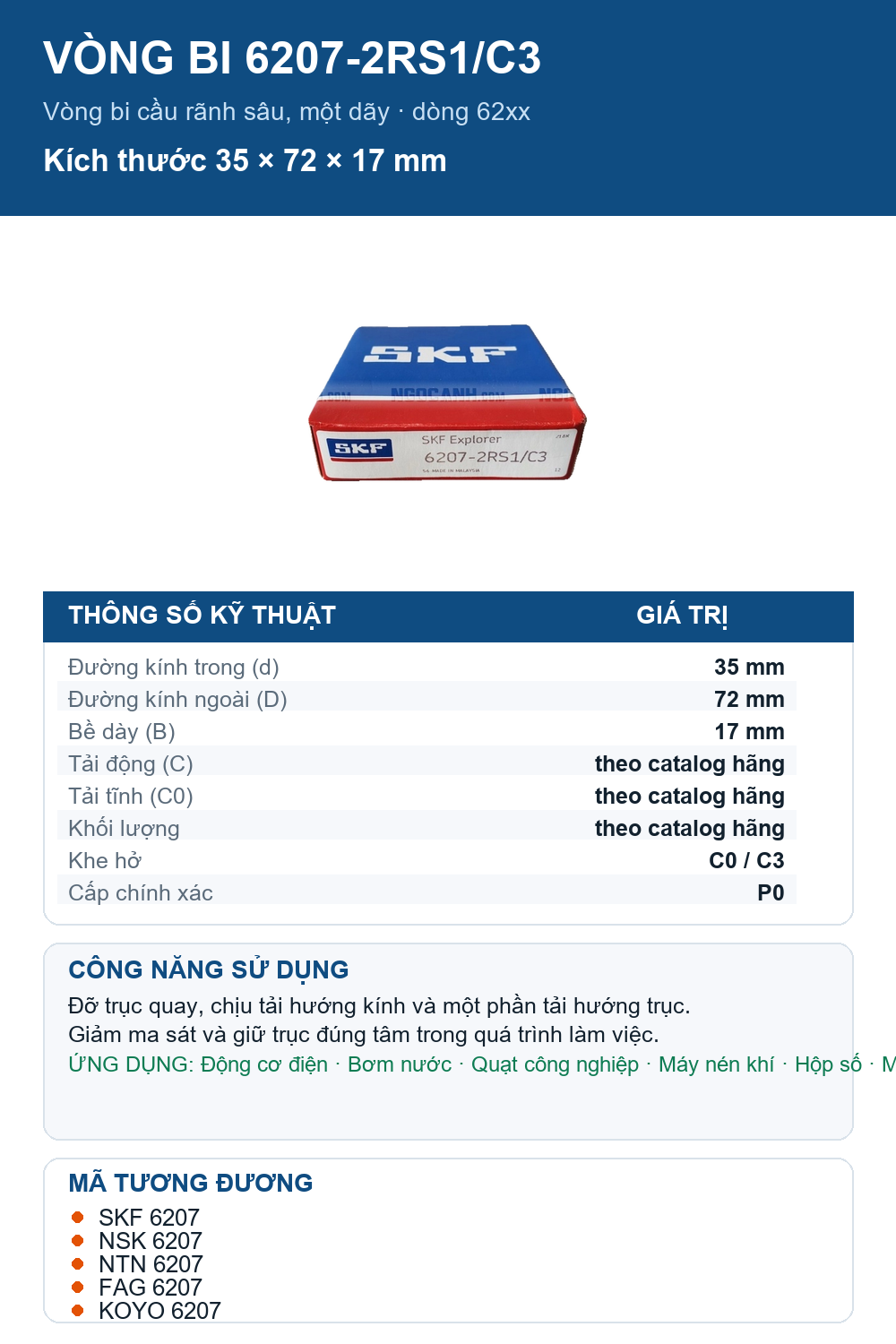 Vòng bi SKF 6207-2RS1/C3 35x72x17mm — Ảnh thông số (Pinterest)