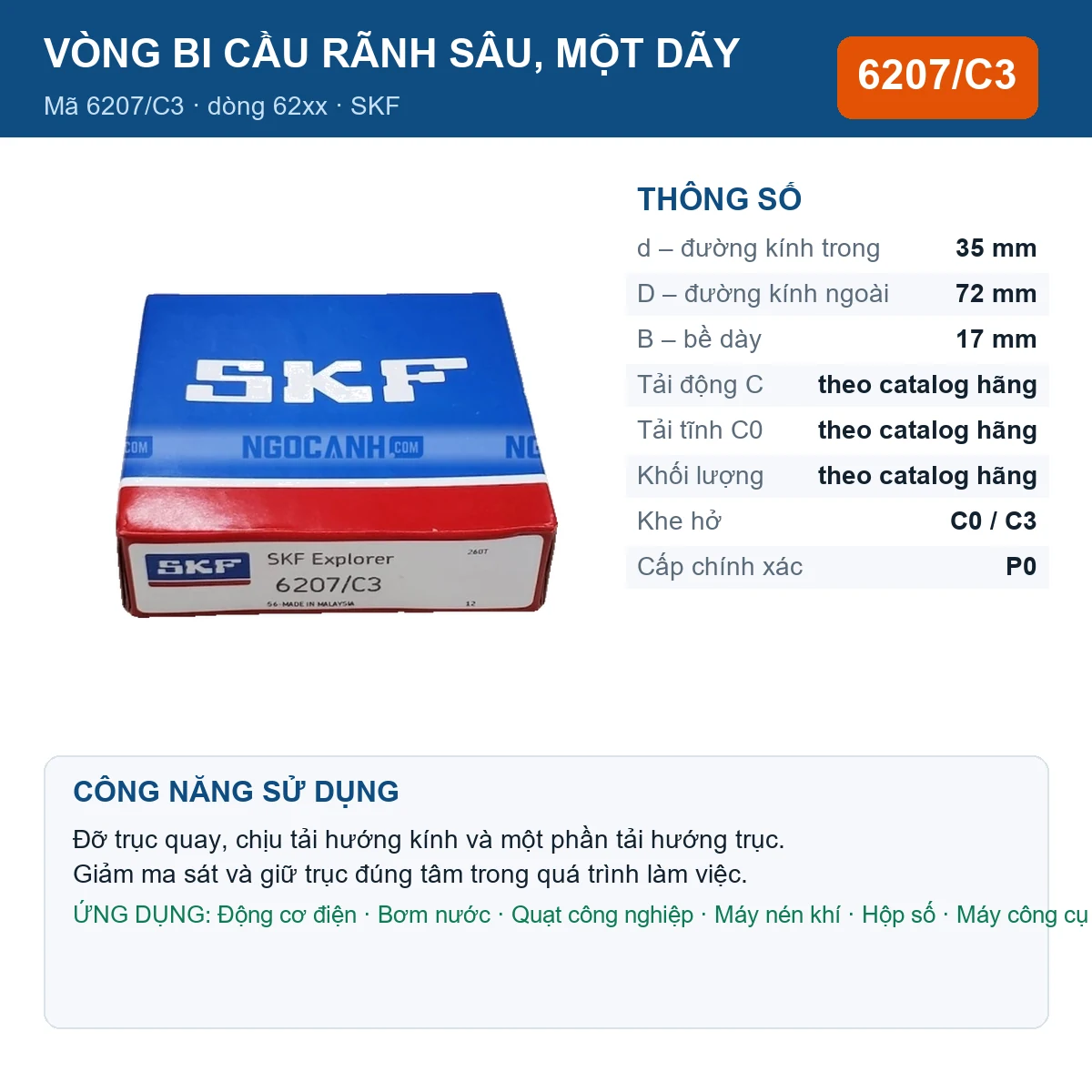 Vòng bi SKF 6207/C3 — kích thước 35x72x17mm