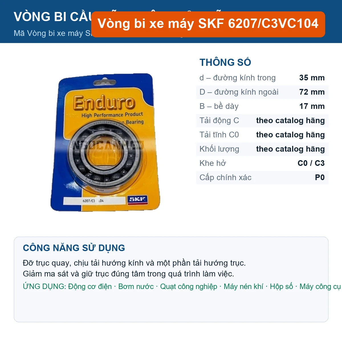 Vòng bi SKF 6207/C3VC104 35x72x17mm — Ảnh đăng sản phẩm (web)