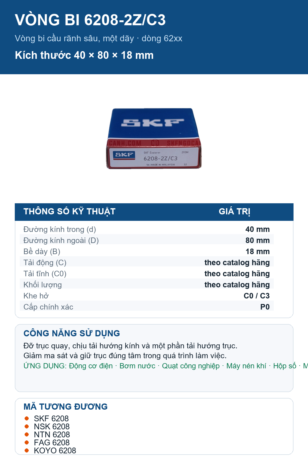 Vòng bi SKF 6208-2Z/C3 40x80x18mm — Ảnh thông số (Pinterest)