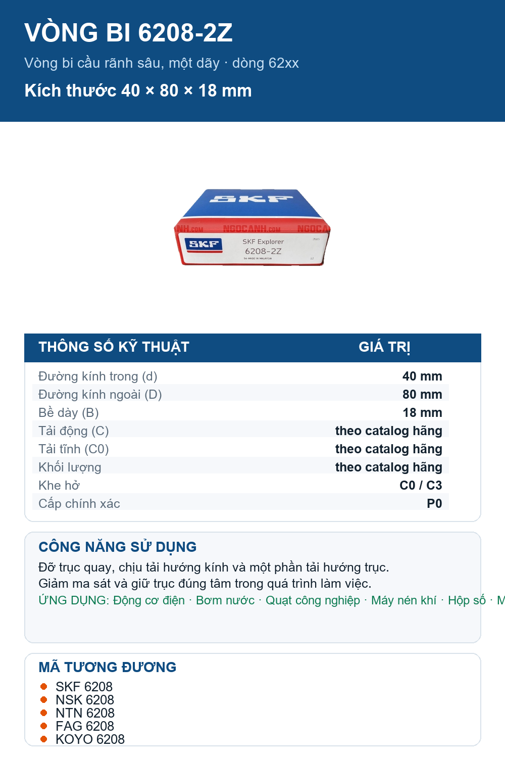 Vòng bi SKF 6208-2Z 40x80x18mm — Ảnh thông số (Pinterest)