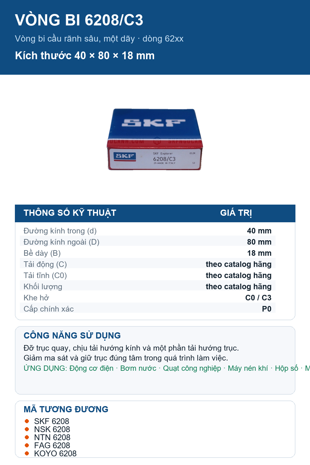 Vòng bi SKF 6208/C3 40x80x18mm — Ảnh thông số (Pinterest)