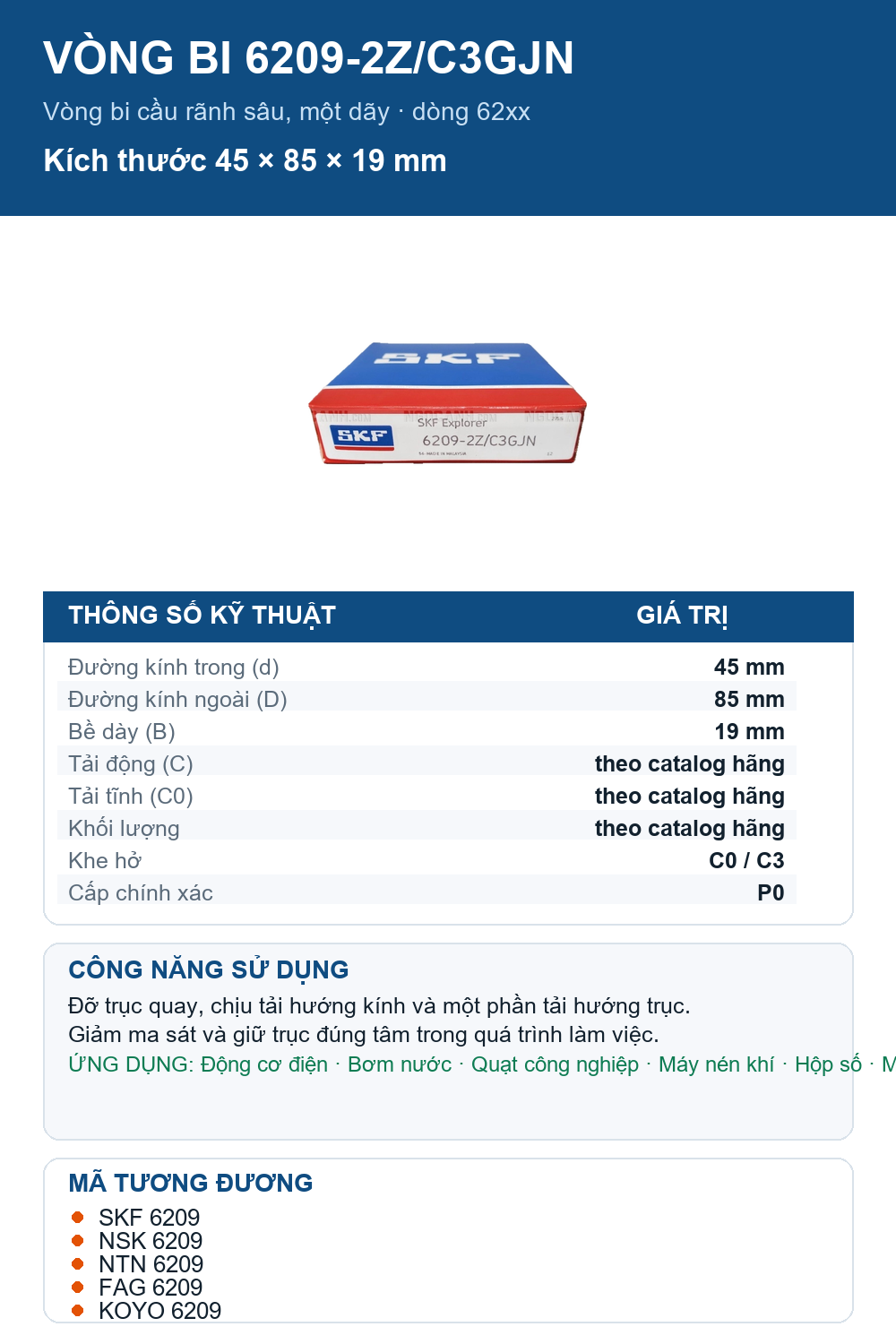 Vòng bi SKF 6209-2Z/C3GJN 45x85x19mm — Ảnh thông số (Pinterest)