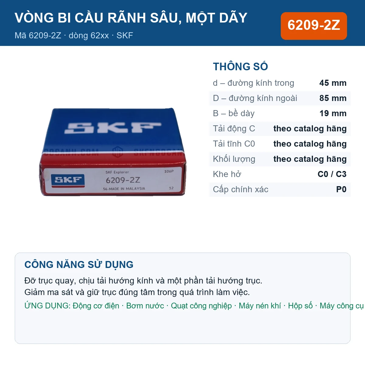 Vòng bi SKF 6209-2Z — kích thước 45x85x19mm