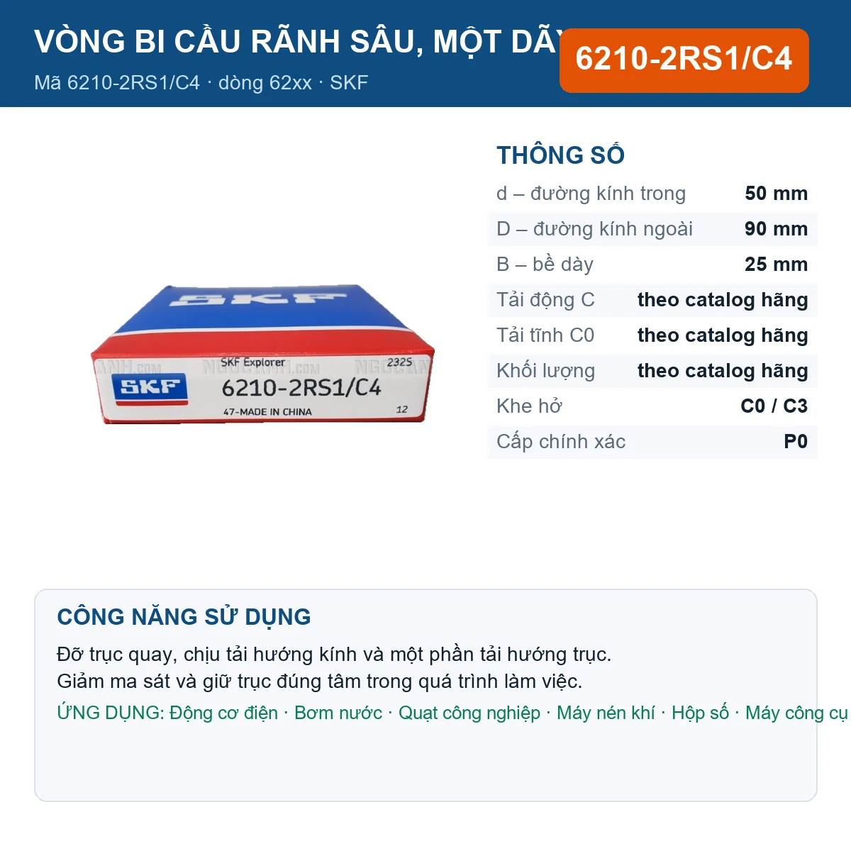 Vòng bi SKF 6210-2RS1/C4 — kích thước 50x90x25mm