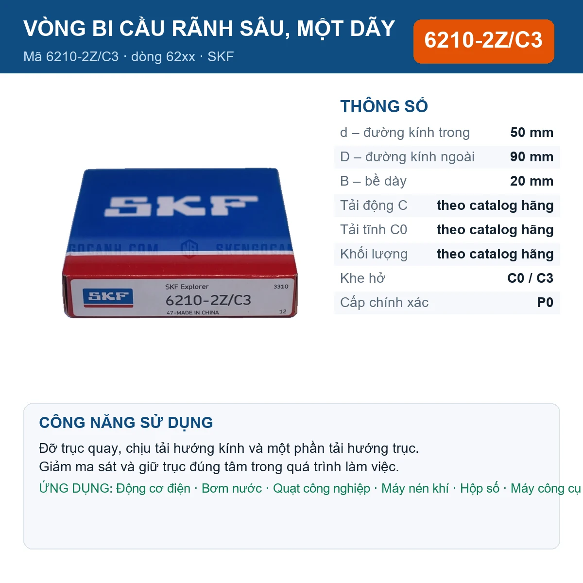 Vòng bi SKF 6210-2Z/C3 — kích thước 50x90x20mm