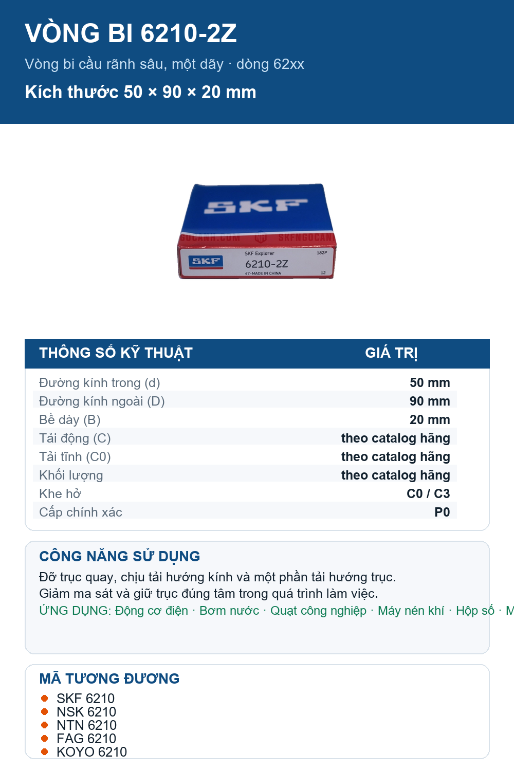 Vòng bi SKF 6210-2Z 50x90x20mm — Ảnh thông số (Pinterest)