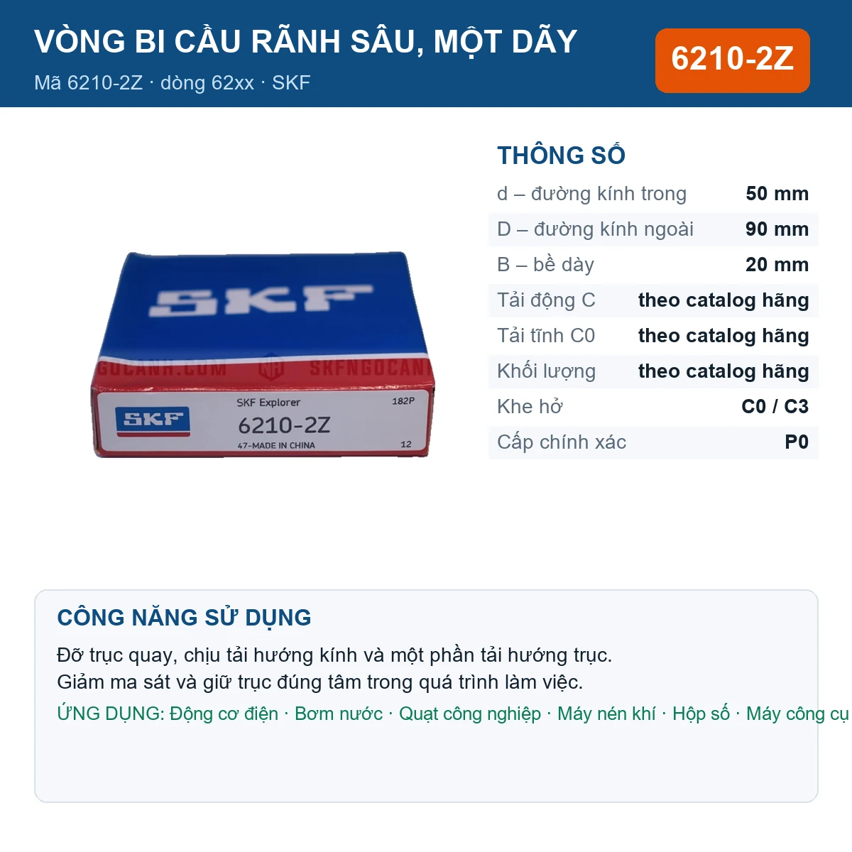 Vòng bi SKF 6210-2Z — kích thước 50x90x20mm