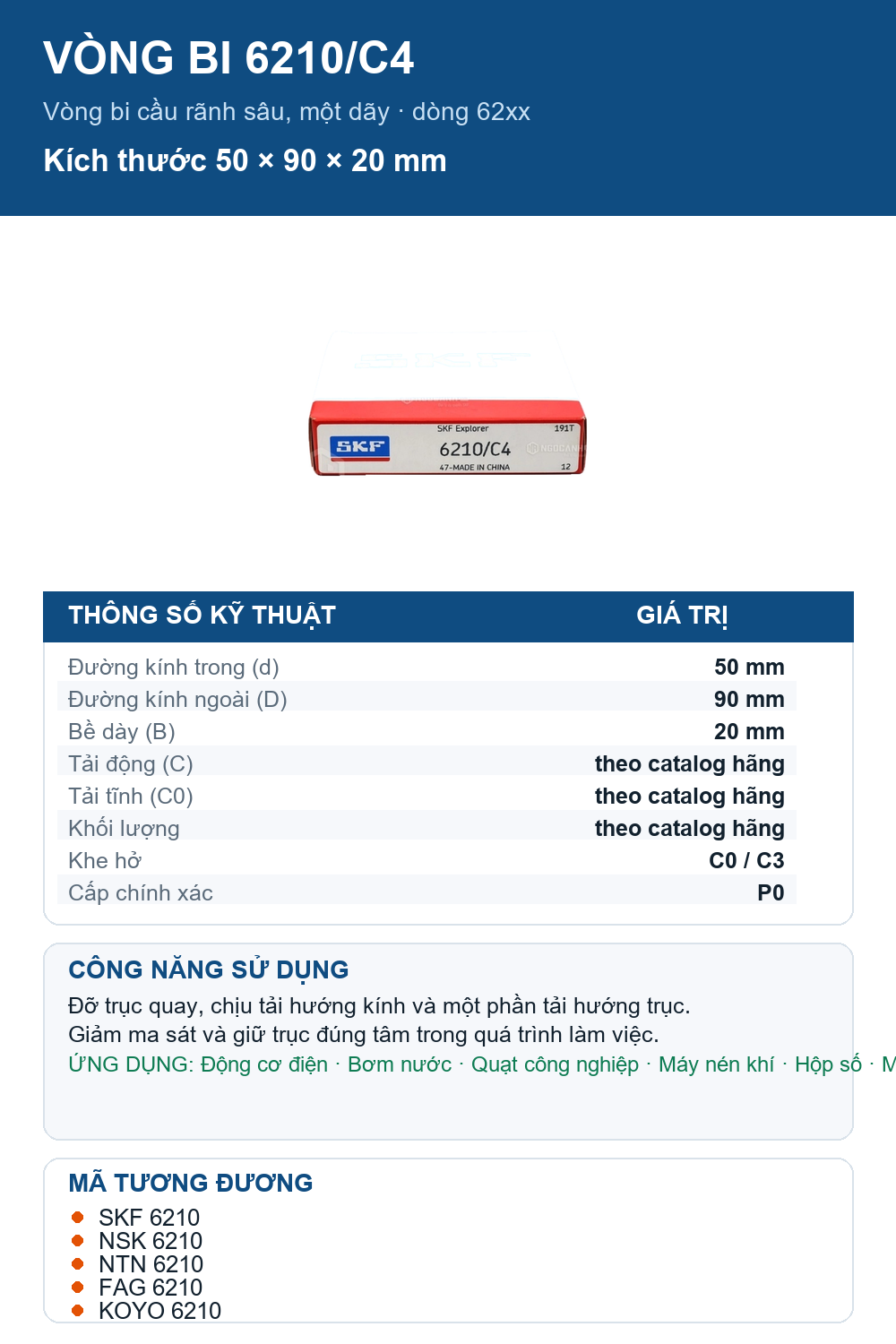 Vòng bi SKF 6210/C4 50x90x20mm — Ảnh thông số (Pinterest)