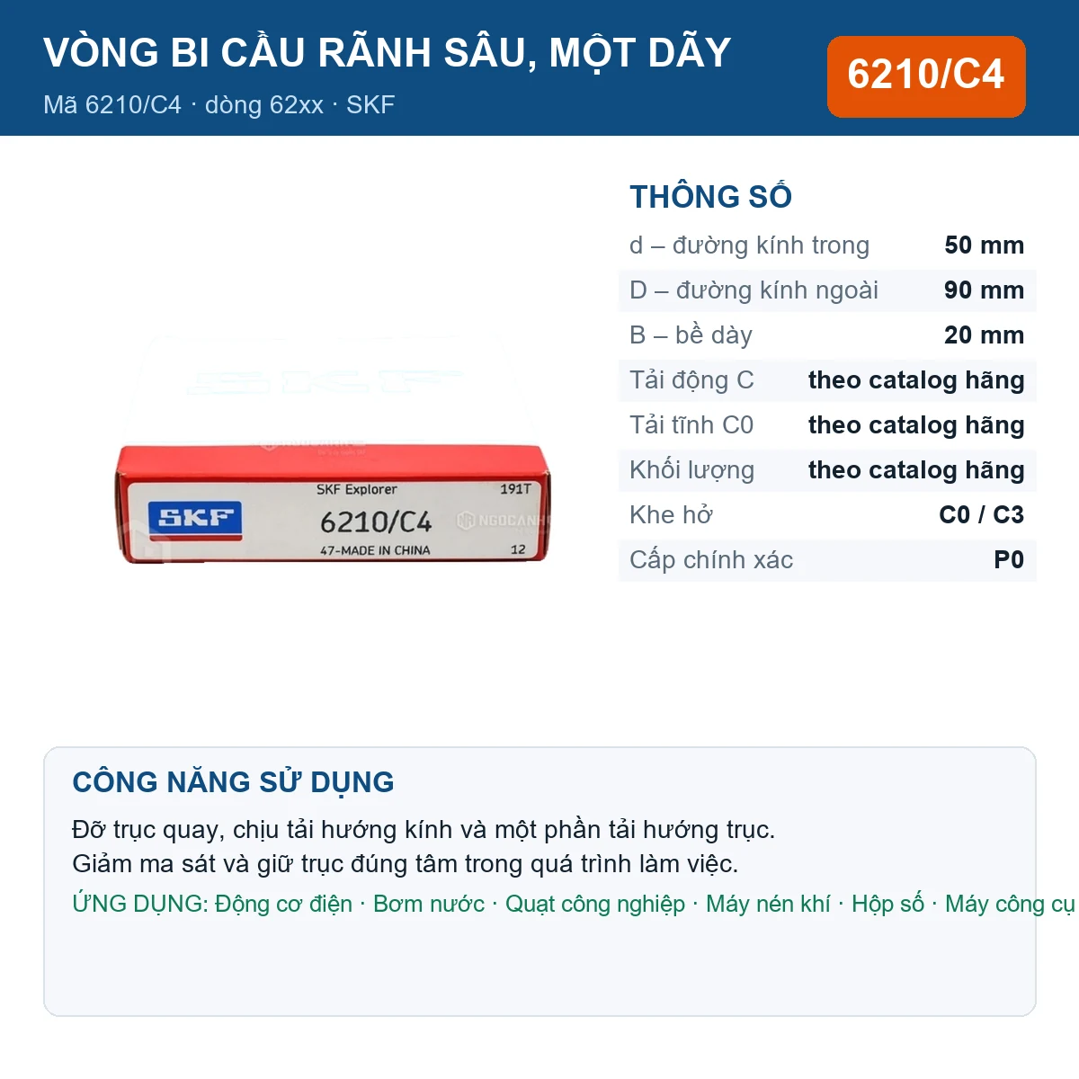 Vòng bi SKF 6210/C4 — kích thước 50x90x20mm
