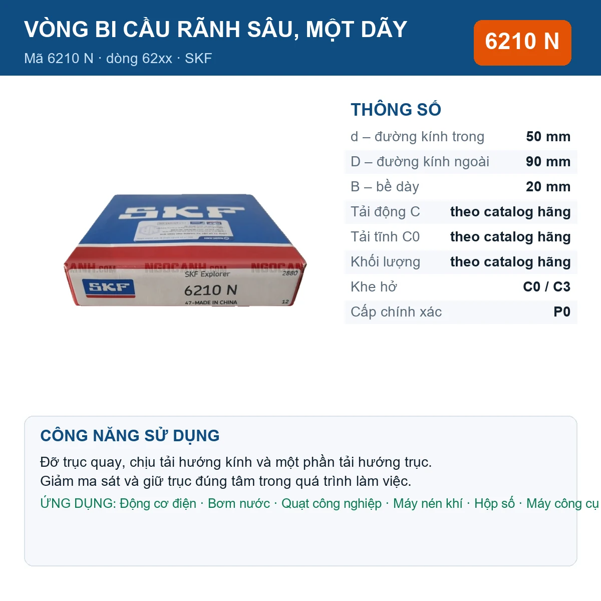Vòng bi SKF 6210 N — kích thước 50x90x20mm
