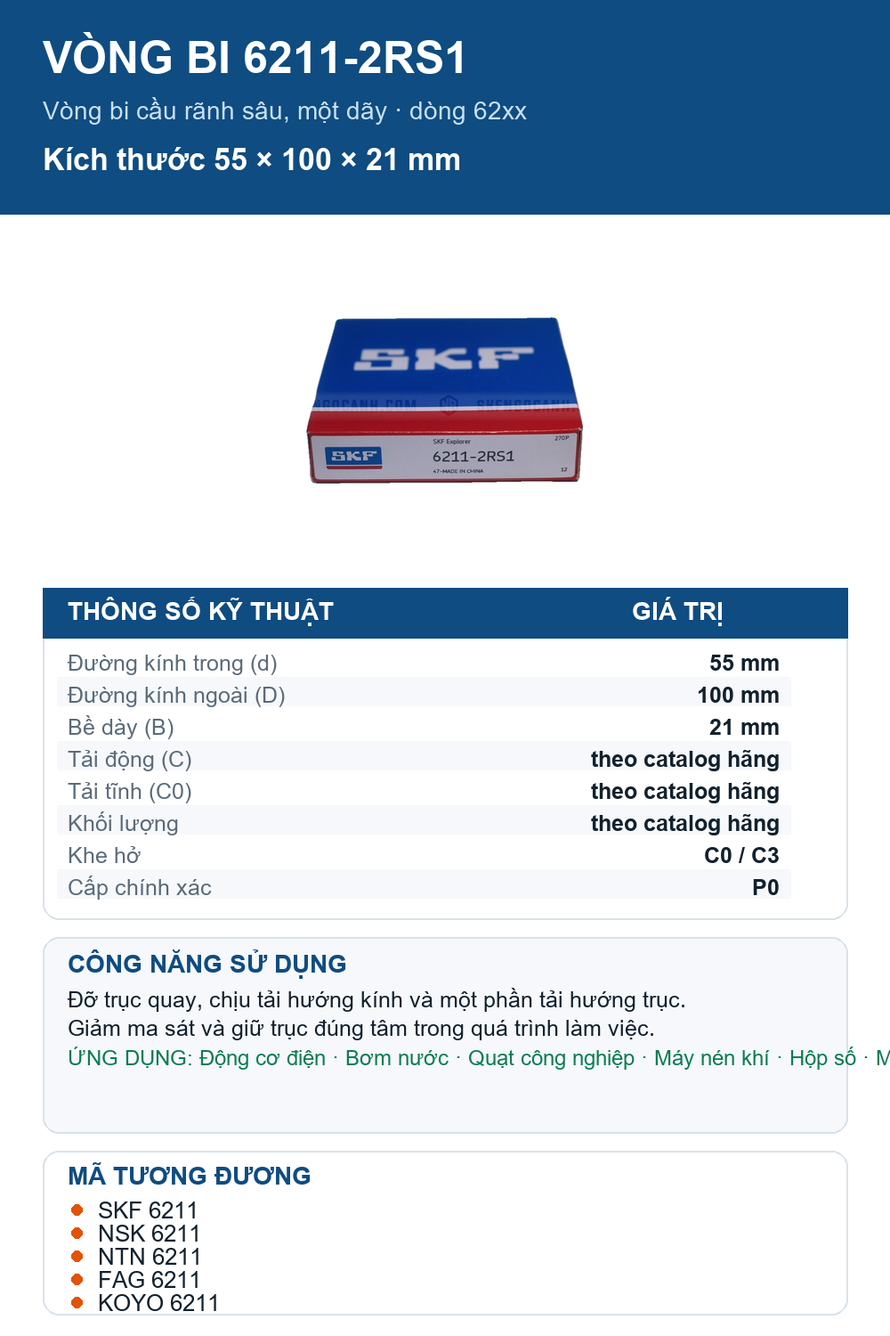 Vòng bi SKF 6211-2RS1 55x100x21mm — Ảnh thông số (Pinterest)