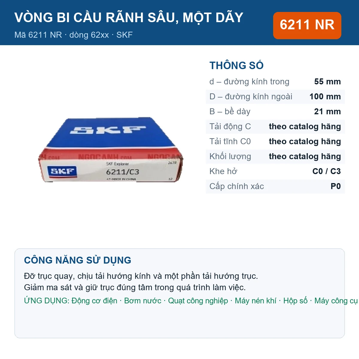Vòng bi SKF 6211 NR — kích thước 55x100x21mm
