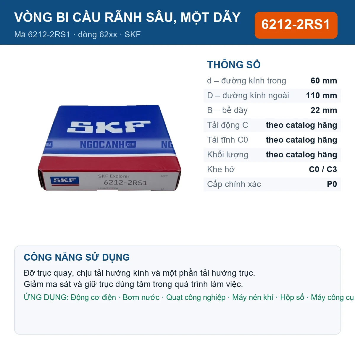 Vòng bi SKF 6212-2RS1 — kích thước 60x110x22mm
