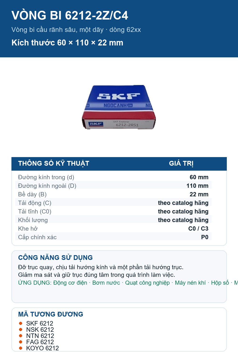 Vòng bi SKF 6212-2Z/C4 60x110x22mm — Ảnh thông số (Pinterest)