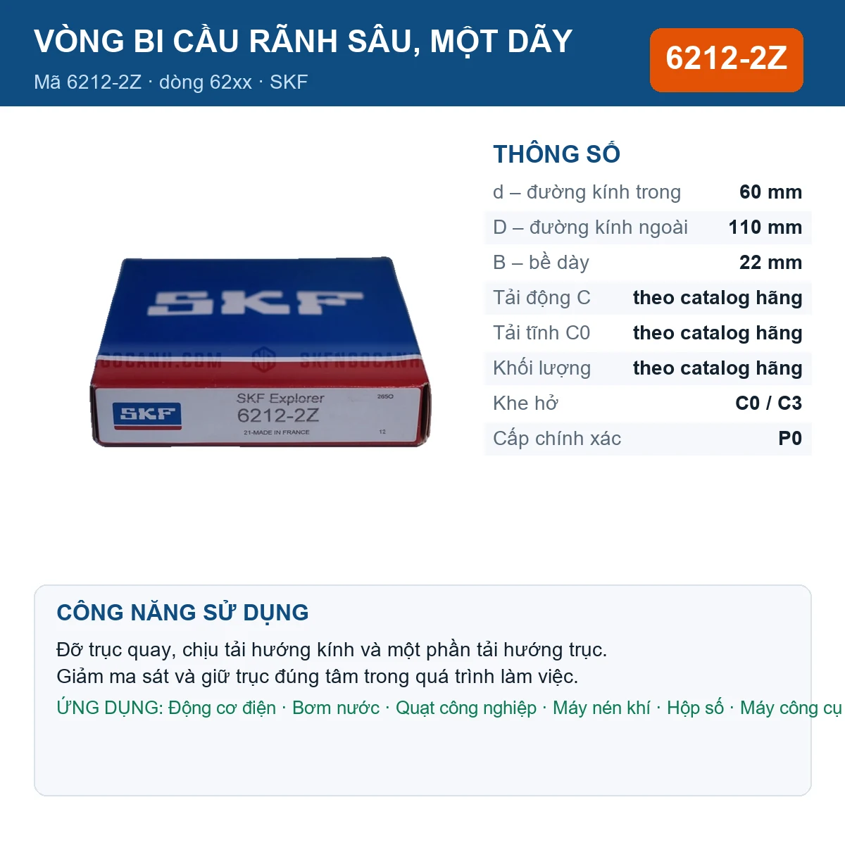 Vòng bi SKF 6212-2Z — kích thước 60x110x22mm