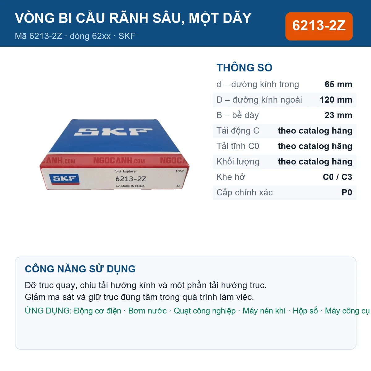 Vòng bi SKF 6213-2Z — kích thước 65x120x23mm