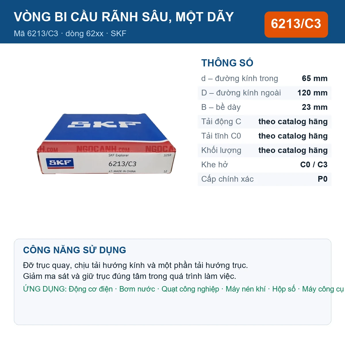 Vòng bi SKF 6213/C3 — kích thước 65x120x23mm
