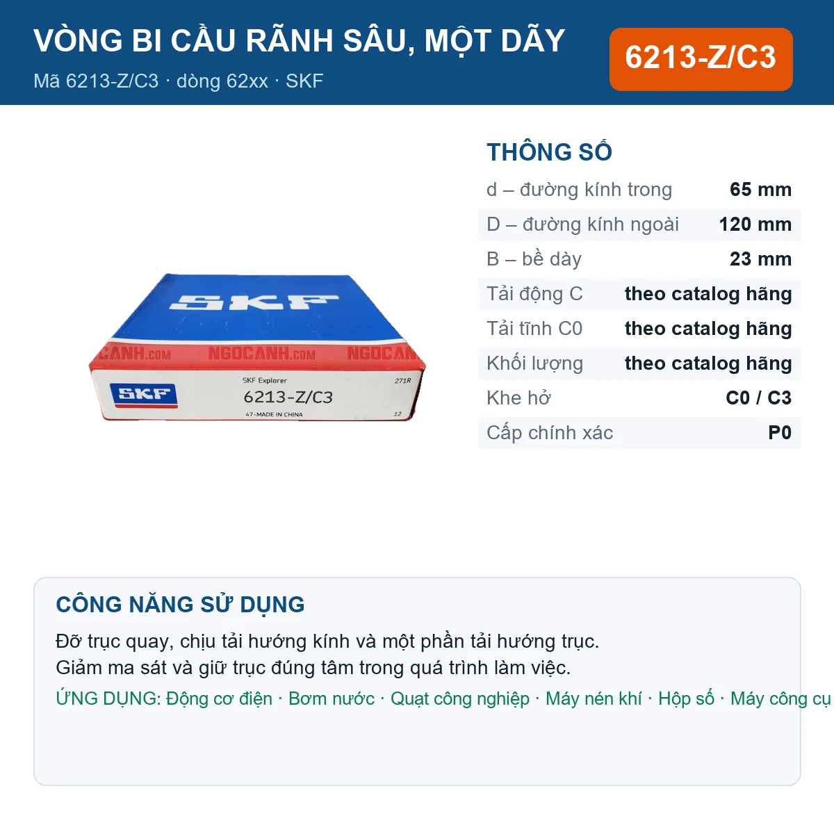 Vòng bi SKF 6213-Z/C3 — kích thước 65x120x23mm