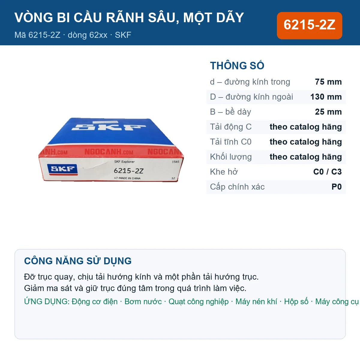 Vòng bi SKF 6215-2Z 75x130x25mm — Ảnh đăng sản phẩm (web)