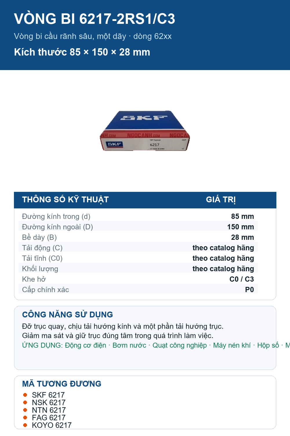 Vòng bi SKF 6217-2RS1/C3 85x150x28mm — Ảnh thông số (Pinterest)