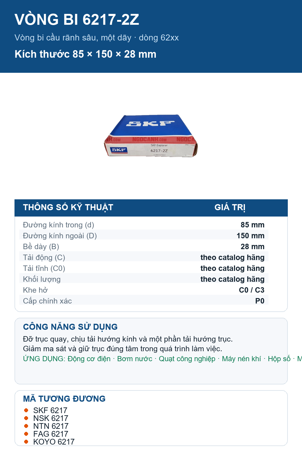 Vòng bi SKF 6217-2Z 85x150x28mm — Ảnh thông số (Pinterest)