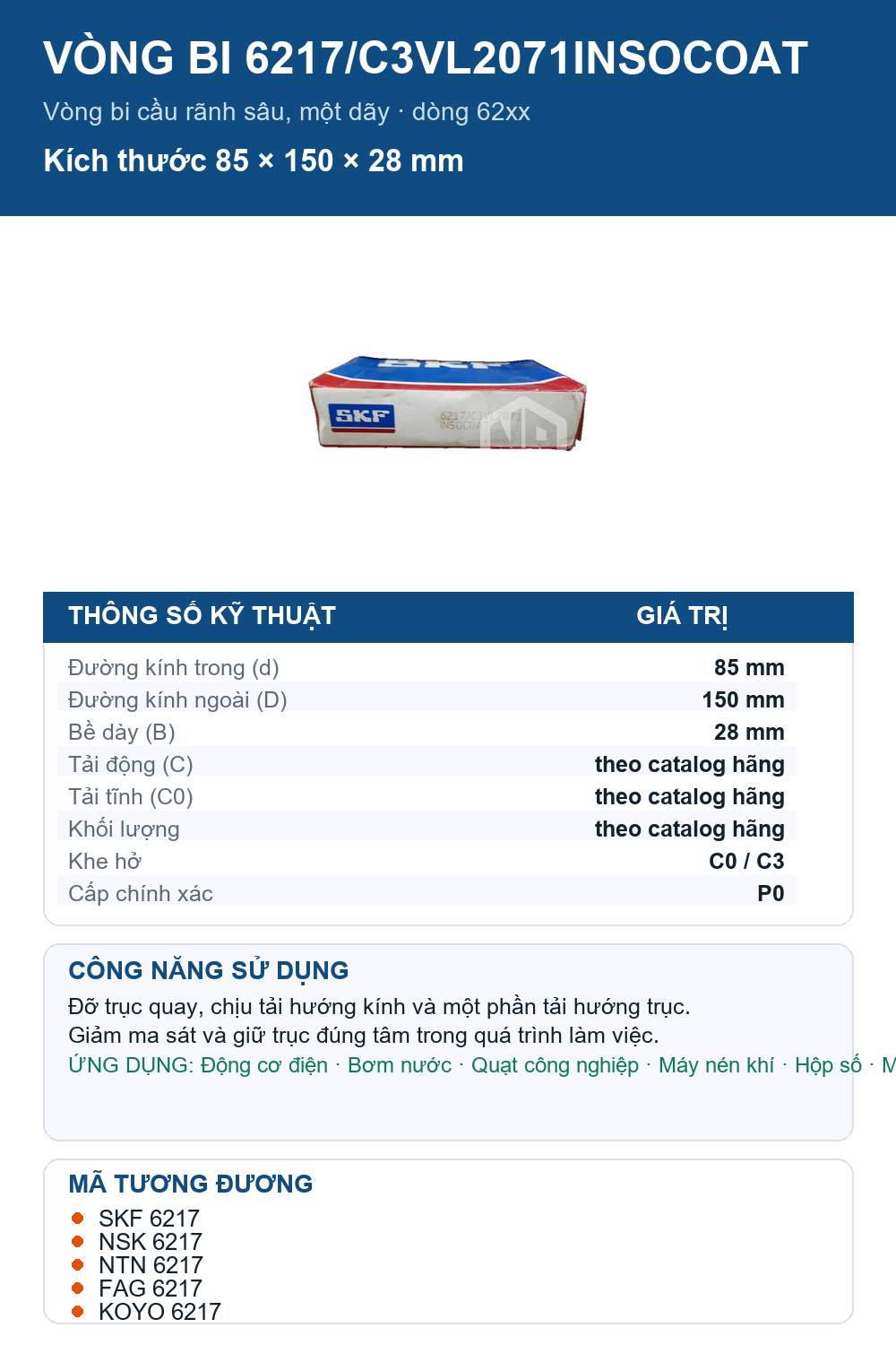 Vòng bi SKF 6217/C3VL2071INSOCOAT 85x150x28mm — Ảnh thông số (Pinterest)