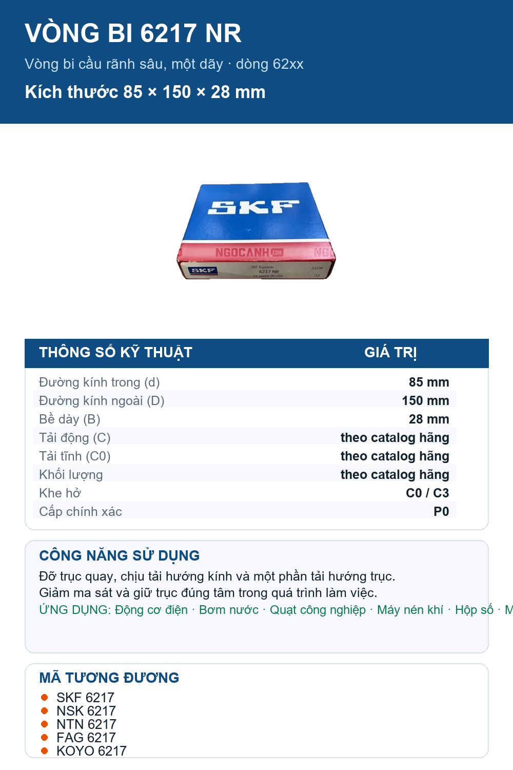 Vòng bi SKF 6217 NR 85x150x28mm — Ảnh thông số (Pinterest)