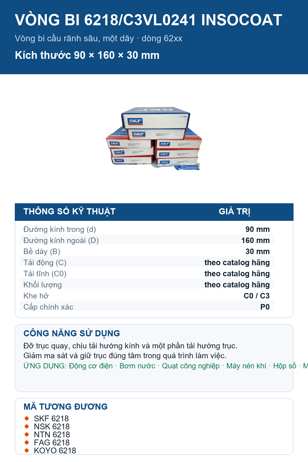 Vòng bi SKF 6218/C3VL0241 INSOCOAT 90x160x30mm — Ảnh thông số (Pinterest)