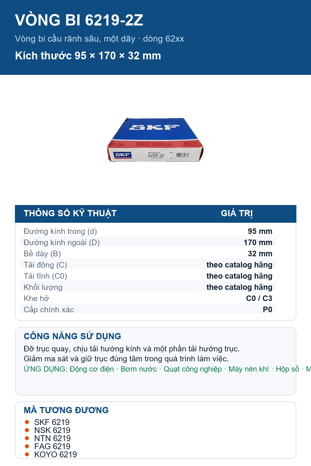 Vòng bi SKF 6219-2Z 95x170x32mm — Ảnh thông số (Pinterest)