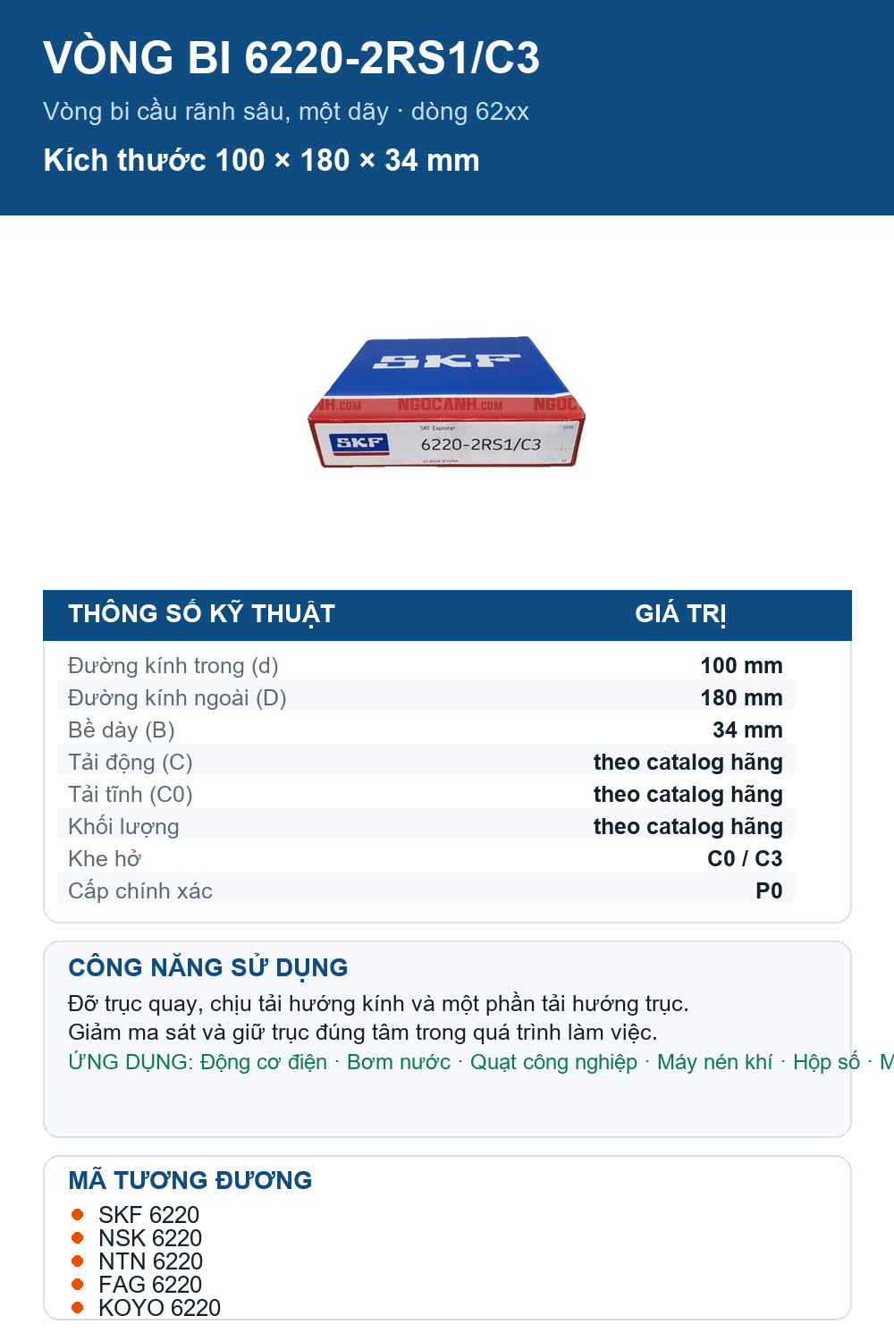 Vòng bi SKF 6220-2RS1/C3 100x180x34mm — Ảnh thông số (Pinterest)